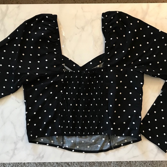 Black Longsleeve Polka Dot Crop Top - Picture 2 of 3